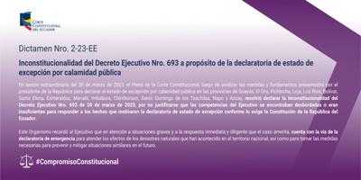 Dictamen N° 2-23-EE Inconstitucionalidad del Decreto Ejecutivo N° 693 a propósito de la declaratoria de estado de excepción por calamidad pública